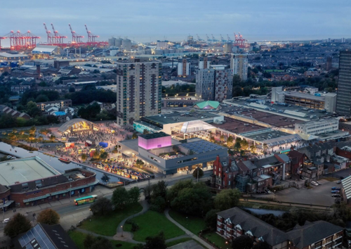 A CGI showing how the Strand may look with the proposed plans. There is a stage at Salt and Tar and Mons Square is open, with a glass roof covering part of the area.