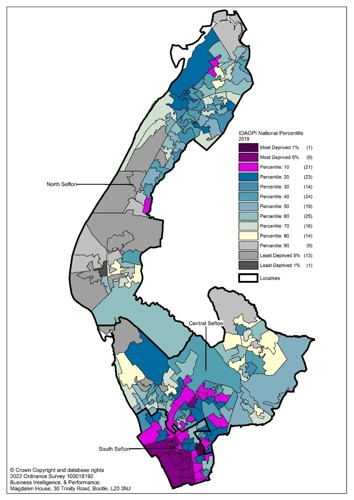 Map of Sefton with colour coding to show which areas have the highest and lowest proportions of people aged 60 and over who are living with income deprivation.  The areas with more older people living in poverty are in the far south of Sefton around Bootle. The areas with the least are in central Sefton in Ainsdale and Harington wards.