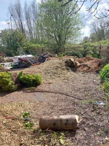 A car park with rubbish and tree clippings on the ground.