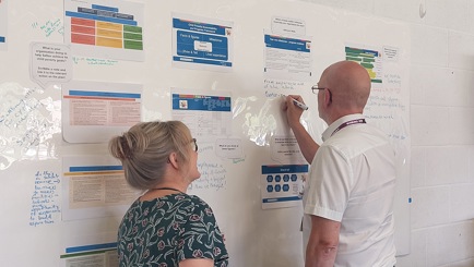 Two people stood in front of a whiteboard, writing notes next to posters about childhood poverty in Sefton.