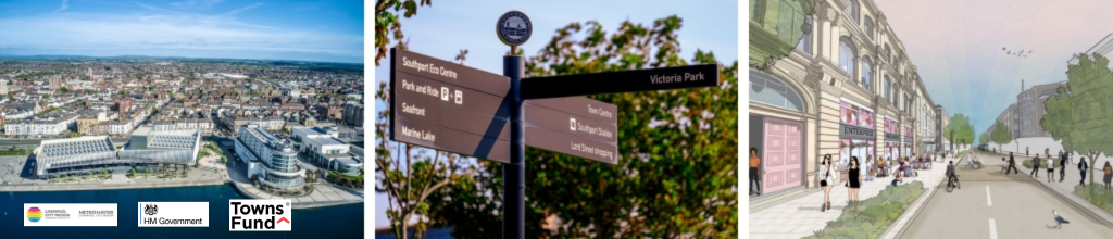 Images from the Southport Town Deal showing the MLEC project, Enterprise Arcade and a Tourism signpost from Kings Gardens